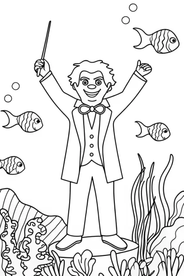 A coloring page of Venom conducts an underwater concert