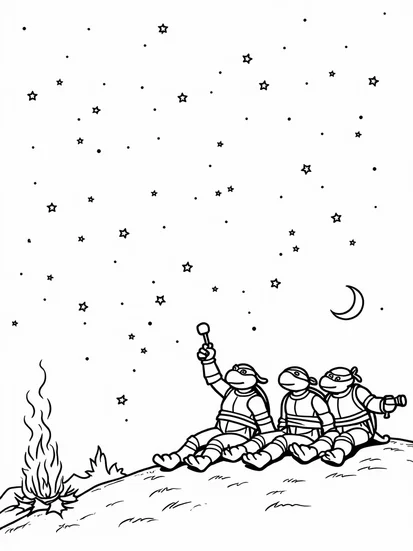 A coloring page of Teenage Mutant Ninja Turtles stargazing