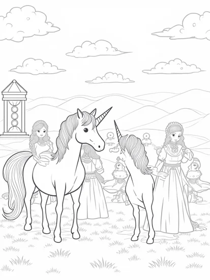 A coloring page of Unicorns at the enchanted festival