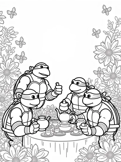 A coloring page of TMNT tea party in the garden