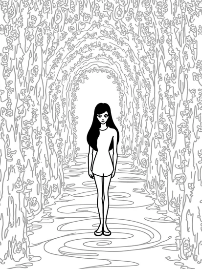 A coloring page of Wednesday Addams in a maze