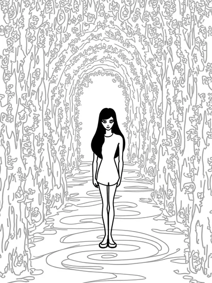 A coloring page of Wednesday Addams in a maze