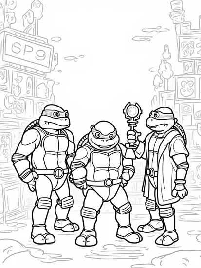 A coloring page of Teenage Mutant Ninja Turtles as scientists