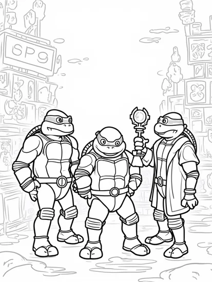 A coloring page of Teenage Mutant Ninja Turtles as scientists