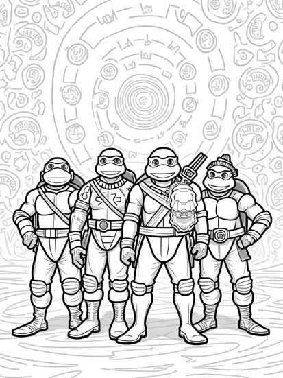 A coloring page of Teenage Mutant Ninja Turtles time travel