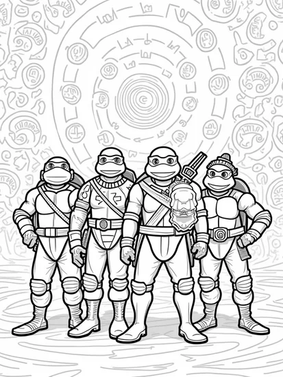 A coloring page of Teenage Mutant Ninja Turtles time travel