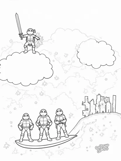 A coloring page of Leonardo riding a fluffy cloud