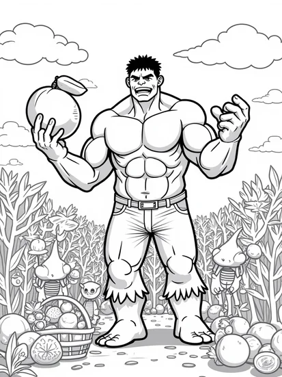 A coloring page of Hulk at the harvest festival