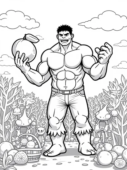 A coloring page of Hulk at the harvest festival