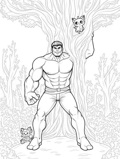 A coloring page of Hulk lifting a giant tree