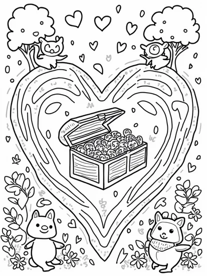A coloring page of Heart-shaped maze with friends