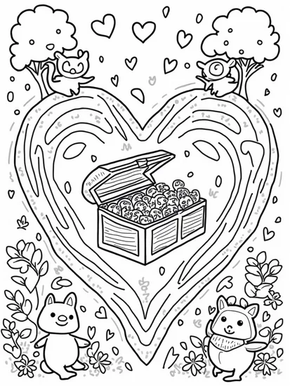 A coloring page of Heart-shaped maze with friends