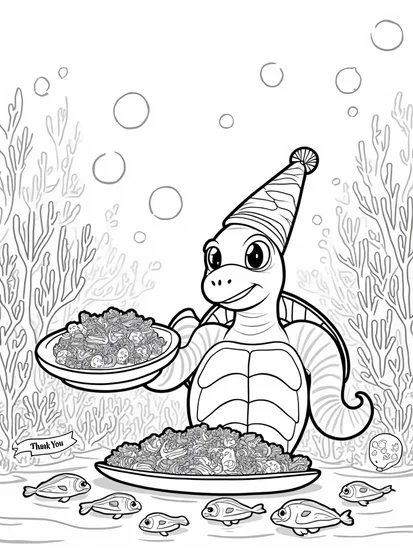 A coloring page of Thanksgiving underwater celebration