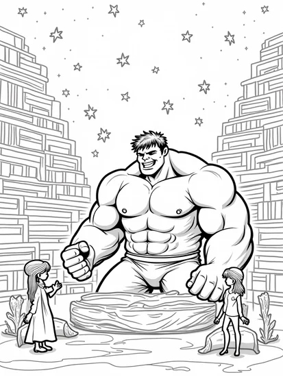 A coloring page of Hulk as a cosmic librarian