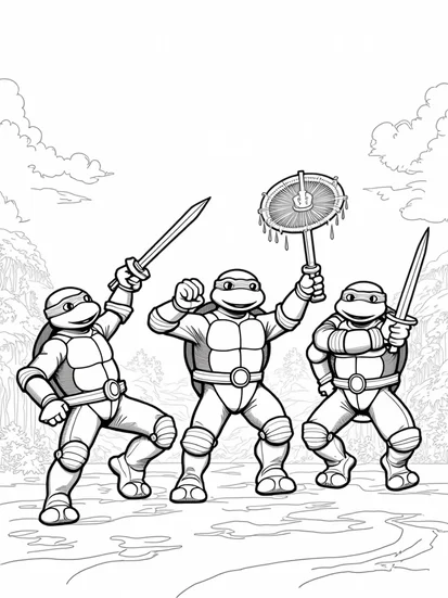 A coloring page of Teenage Mutant Ninja Turtles action