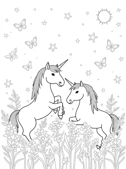 A coloring page of Unicorns in a celestial garden