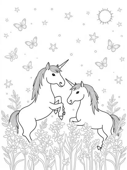 A coloring page of Unicorns in a celestial garden