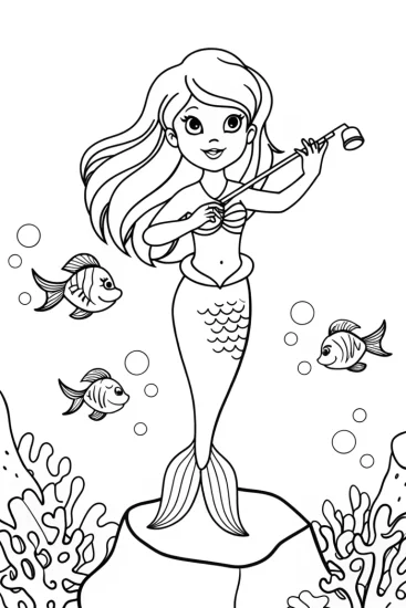 A coloring page of Mermaid conducting an ocean symphony