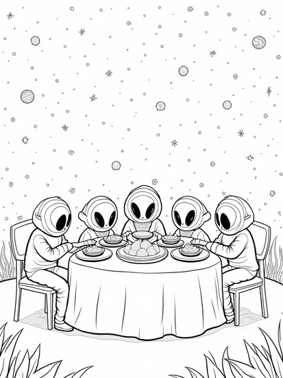 A coloring page of Aliens enjoying a cosmic feast