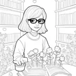 Librarian watering heart flowers