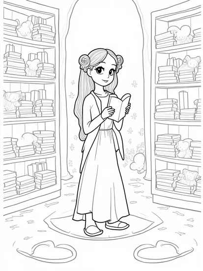 A coloring page of Librarian in a heart-shaped library
