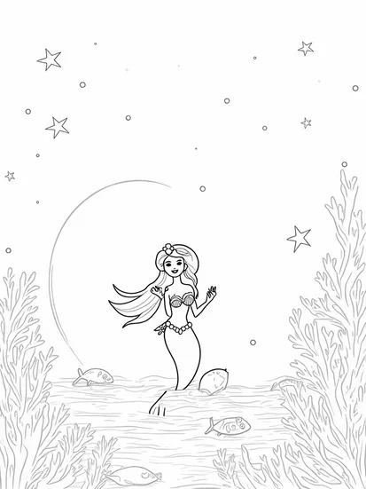 A coloring page of Little mermaid at the starfish festival