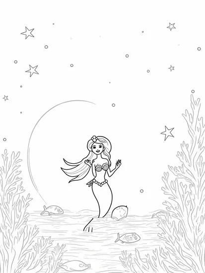 A coloring page of Little mermaid at the starfish festival