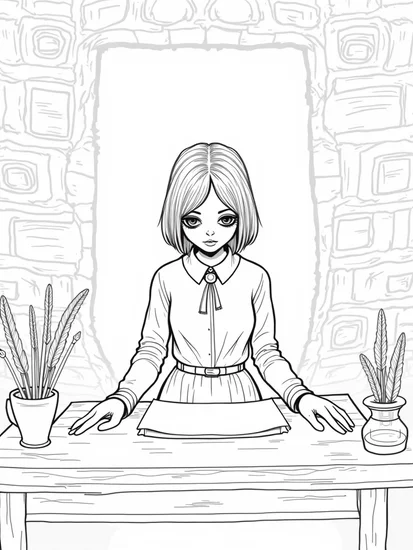 A coloring page of Wednesday Addams at the quill station
