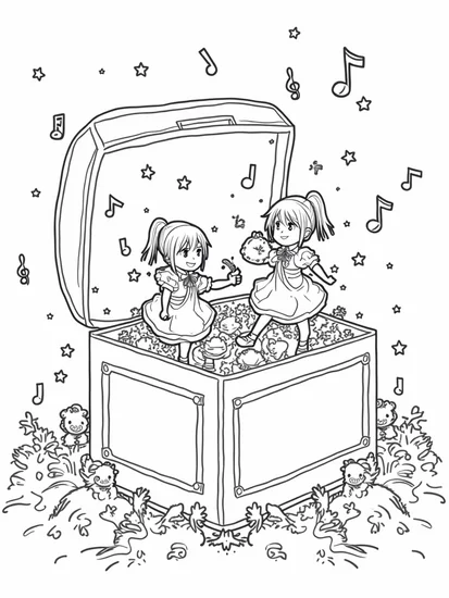 A coloring page of Anime characters in a music box