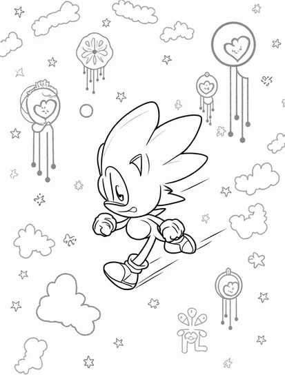 A coloring page of Super Sonic in a dream maze
