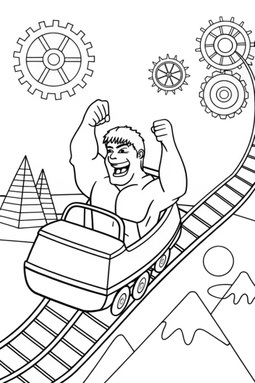 A coloring page of Hulk on a roller coaster ride