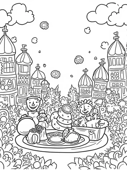 A coloring page of Thanksgiving harvest festival scene