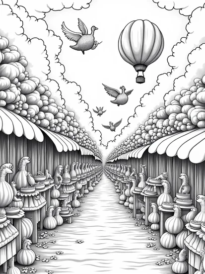 A coloring page of Thanksgiving in the sky bazaar