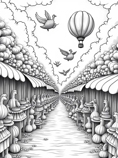 A coloring page of Thanksgiving in the sky bazaar
