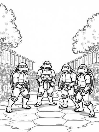 A coloring page of TMNT at a cultural festival