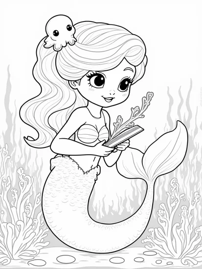 A coloring page of Mermaid studying ocean plants