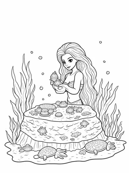 A coloring page of Mermaid crafting lanterns