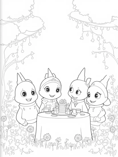 A coloring page of Star characters having a garden party