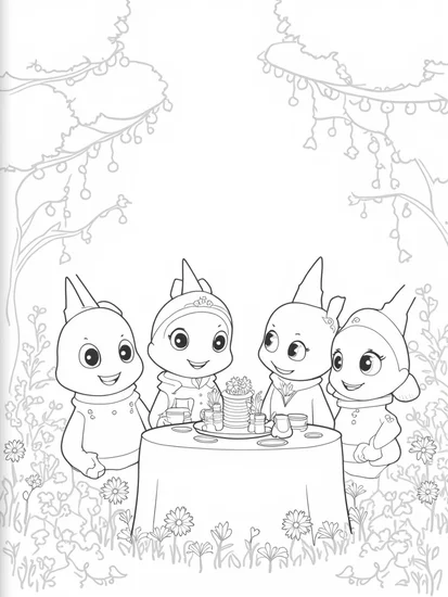 A coloring page of Star characters having a garden party