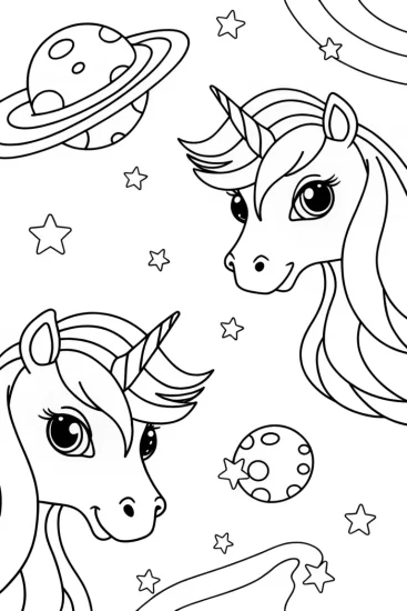 A coloring page of Unicorns in space