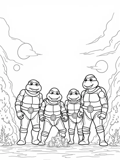 A coloring page of Teenage Mutant Ninja Turtles in space
