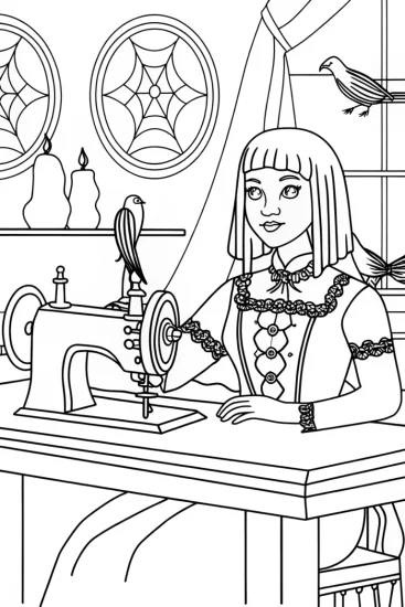 A coloring page of Wednesday Addams designing costumes