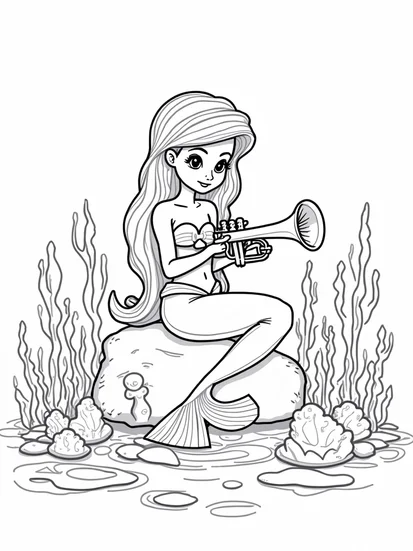 A coloring page of Little mermaid crafting music