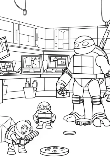 A coloring page of Ninja Turtles in a robotics lab