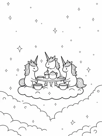 A coloring page of Unicorns having a tea party