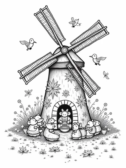 A coloring page of Thanksgiving in the whimsical windmill