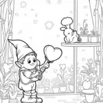Gnome watering heart-shaped flowers