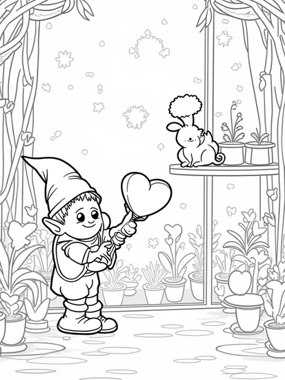 A coloring page of Gnome watering heart-shaped flowers