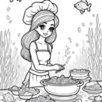 Mermaid chef hosting a sea feast