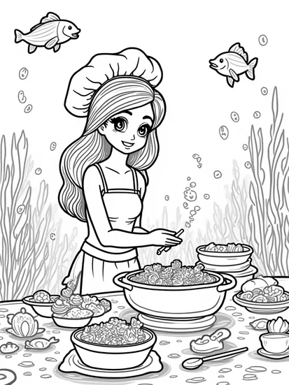 A coloring page of Mermaid chef hosting a sea feast